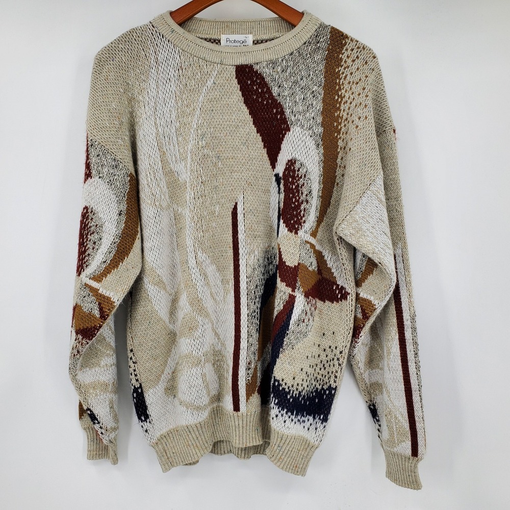 Vintage Protege TAG Men Large Abstract Geometric Knit Sweater Made in USA Wool